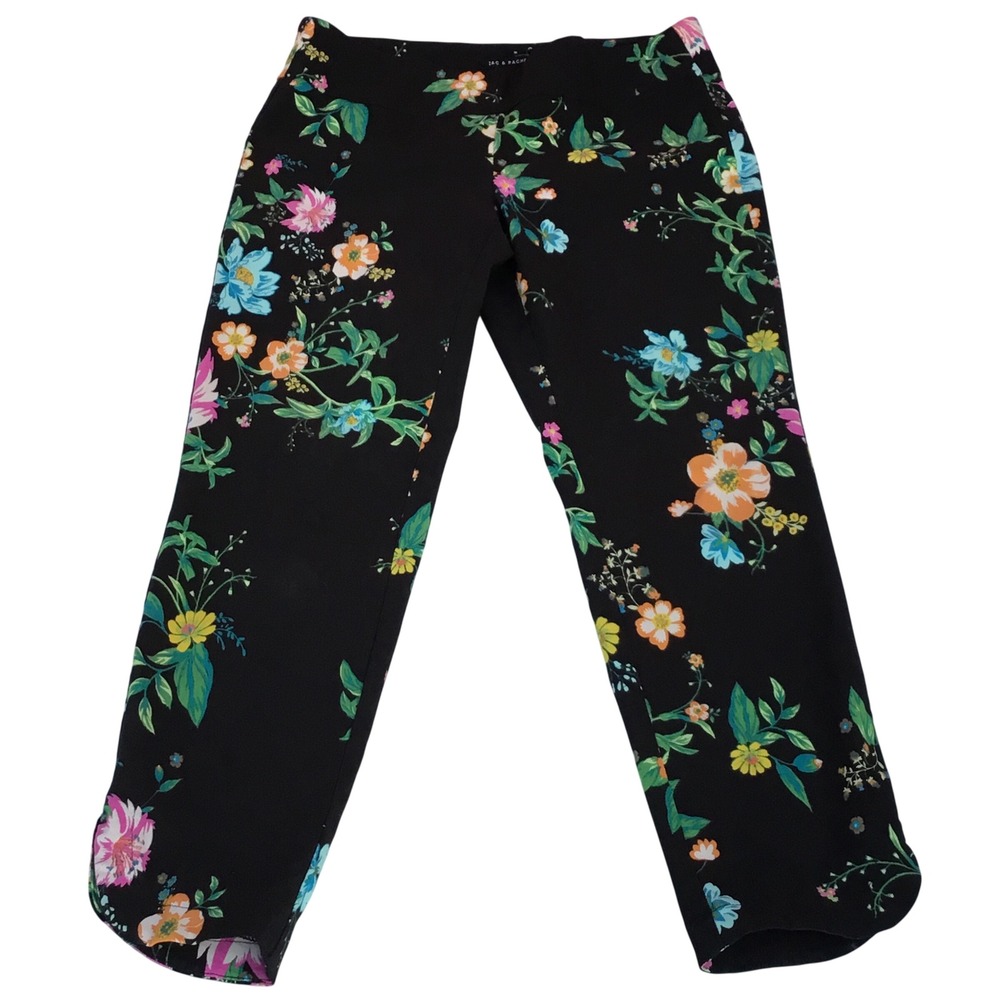 Zac & Rachel Womens Black Floral Print Slim Leg Ankle Pants Side Slit Size 10
